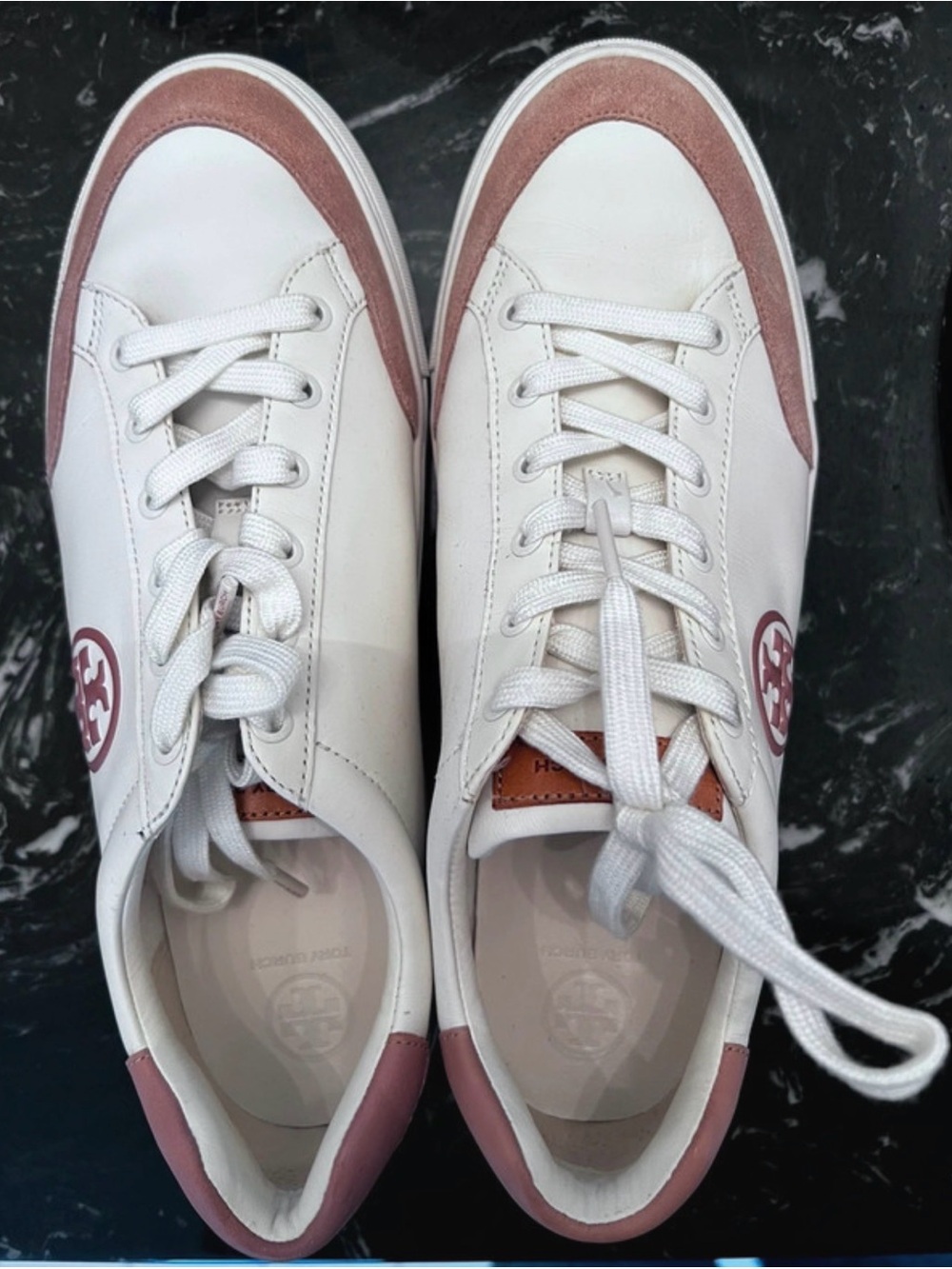 Tory Burch White Leather Sneakers with Dusty Rose Accents